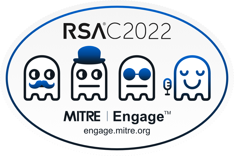 Three ghosts in disguises listening to a ghost speaking into a microphone, with the words RSA Conference 2022, MITRE Engage